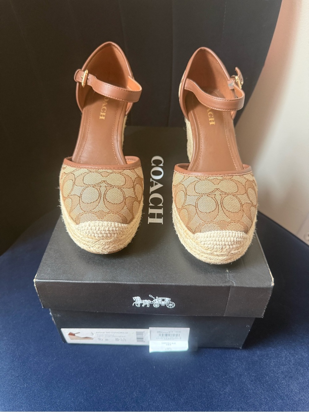 Coach Brown Signature Canvas Espadrille Wedges with Leather Ankle Strap